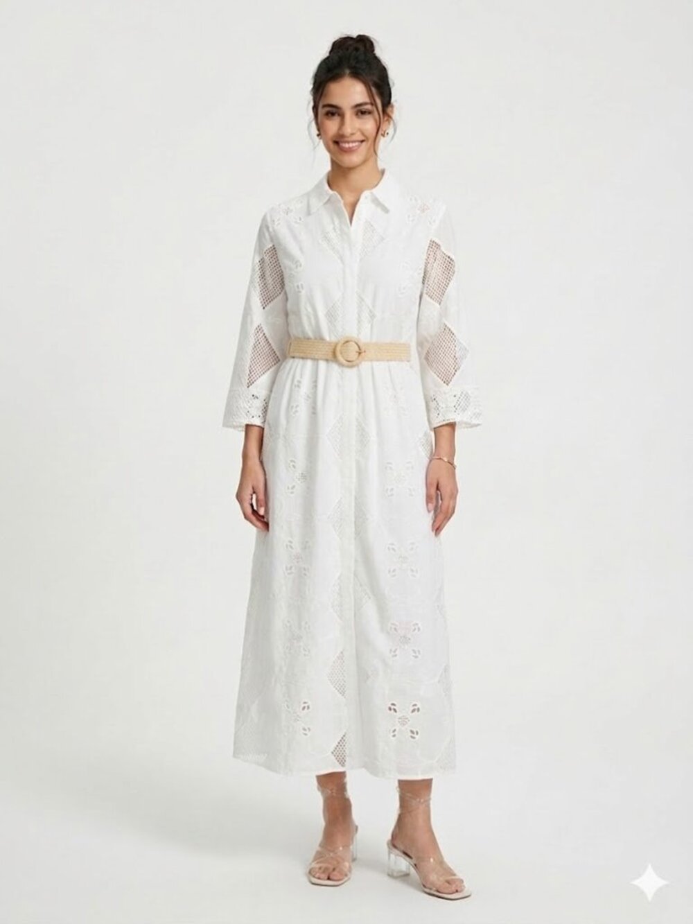 Zara White Eyelet Lace Belted Midi Shirt Dress M - Picture 2 of 14